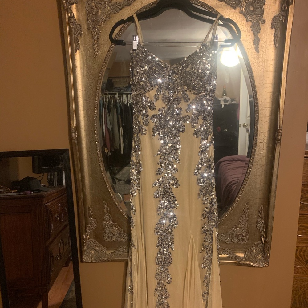 Nude and silver sequin floor length ballgown